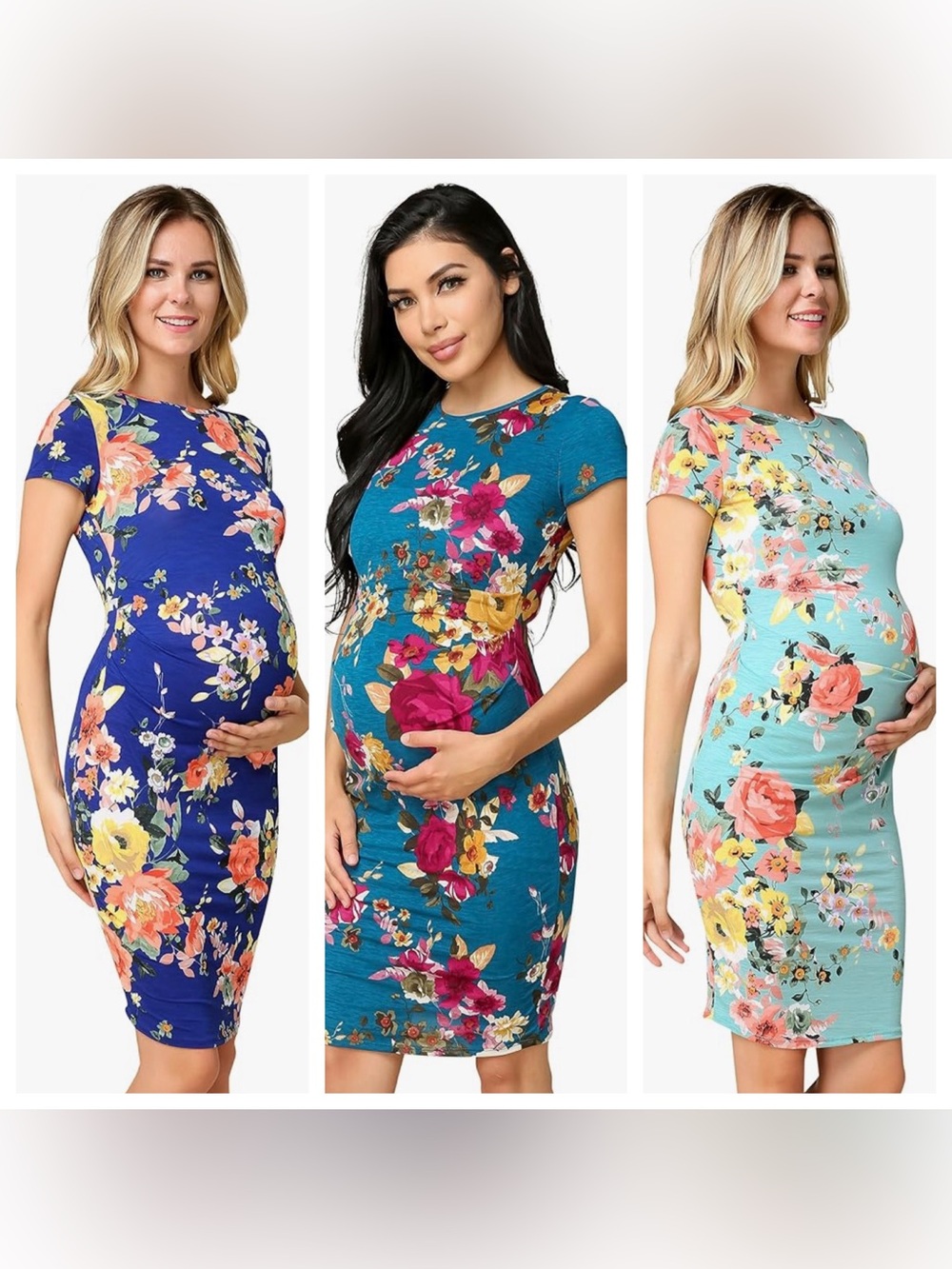 3pc Floral Maternity Bodycon Dresses - Royal Teal Mint baby shower dress bundle